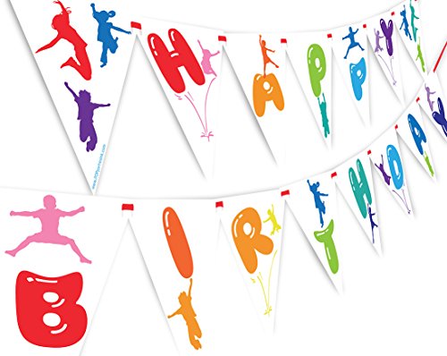 POP parties Bounce Jump Happy Birthday Banner Pennant - Rainbow Party Banner - Trampoline Party Decoration