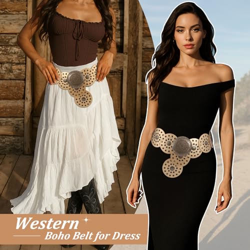Image of WERFORU Women Wide Western Disc Belt Cowgirl Boho Leather Belt for Jeans Dress