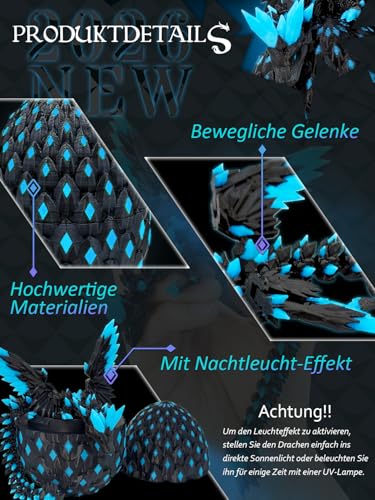 JoryHeim 3D Drachenei mit Drache & Nachtleuchten Effekt - 3D Drache mit Flügeln, UV-aktiviertes Leuchten im Dunkeln, 10cm Sammlertücke, Geburtstage und Ostern (Schwarz Blau)