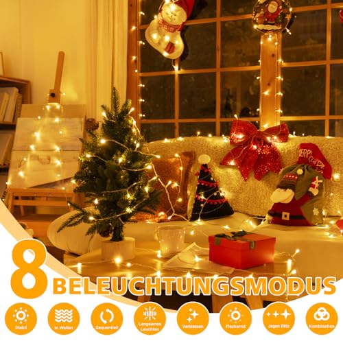 Ollny Lichterkette außen 20m 200LED, Lichterkette Weihnachtsbaum mit Fernbedienung und Timer, 8 Modi IP44 wasserdicht innen mit Stecker Weihnachten Hochzeit Party (Warmweiß)