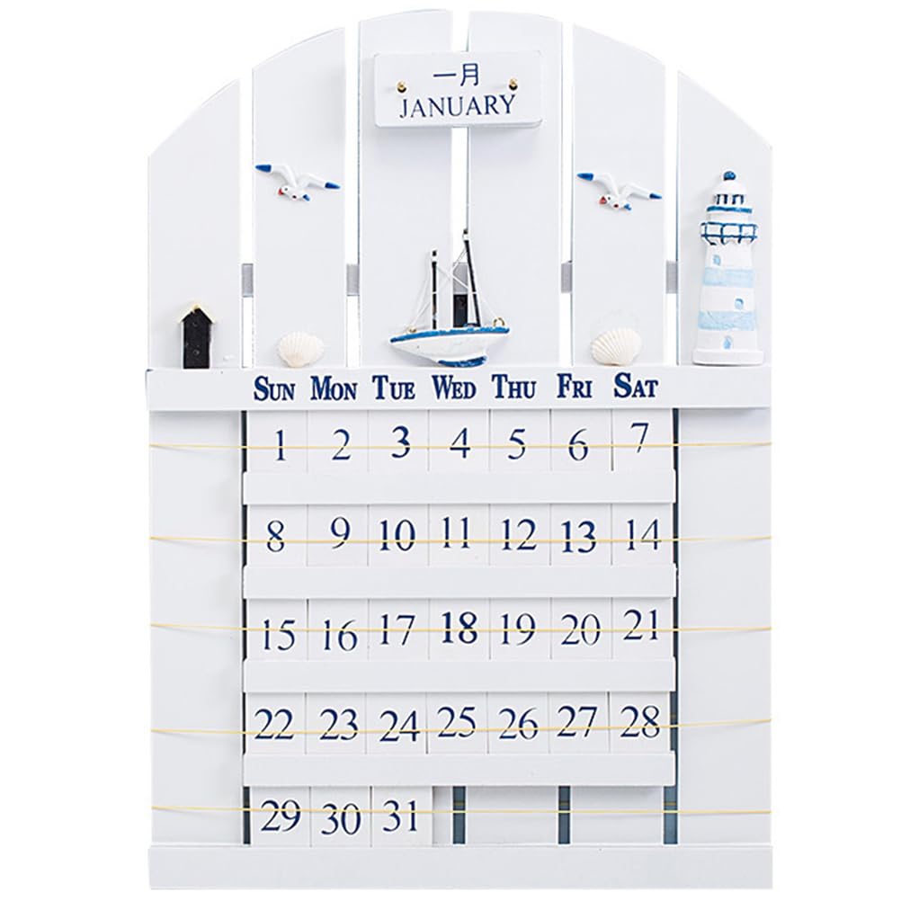 ARTIBETTER Mediterranean Style Wooden Perpetual Calendar, Wall Mounted Home Decor Calendar, with Removable Blocks for Office, Home, School, Shop, 16.92 X 11.81 X 1.18 Inches, White
