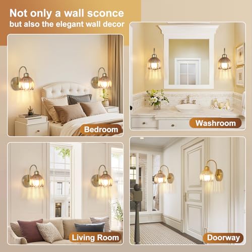 Image of Vintage Battery Operated Wall Sconces Set of Two, Tulip Glass Lampshade Rechargeable Wall Lights, LED 15 Colors Gold Wall Lamp for Bedroom Bedside Doorway