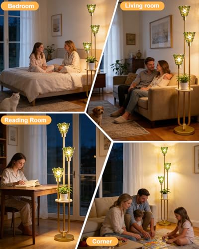 Image of 3-Light Modern Glass Floor Lamp with Shelf, Gold Tall Standing Lamp with Green Flower Glass Shade, LED Floor Lamp with Foot Switch& 5Lbs Heavy Base for Living Room Bedroom, Bulb Included