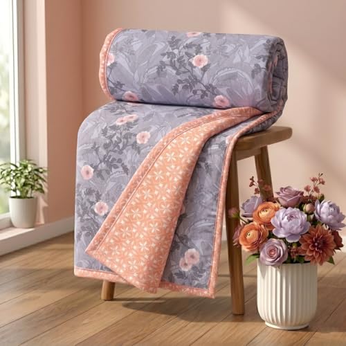 Image of HOMEKART Luxury Cotton Dohar Blanket for Double Bed | Ultra Soft Reversible AC Quilt | Floral Printed Lightweight Summer Blanket | 88x85 Inches (Lavender Mist)