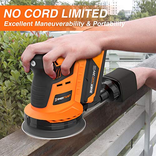 Enertwist Cordless Orbital Sander, 20V Max 5-Inch Brushless Random Orbit Sander with 4.0Ah Lithium-ion Battery and Charger, Including Dust Bag and 9-Pieces Hook-and-Loop Sanding Pads, ET-OS-20BL