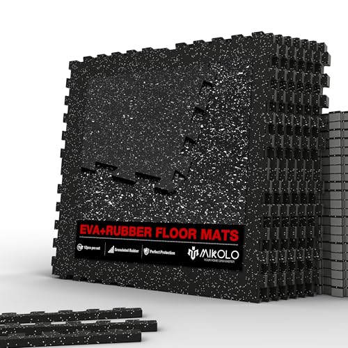 Mikolo 0.56 Inch Thick Gym Flooring for Home Gym, 12 Tiles Exercise Equipment Mats with EVA Foam and Rubber Top, Interlocking Puzzle Rubber Gym Flooring, Protective Flooring Mat