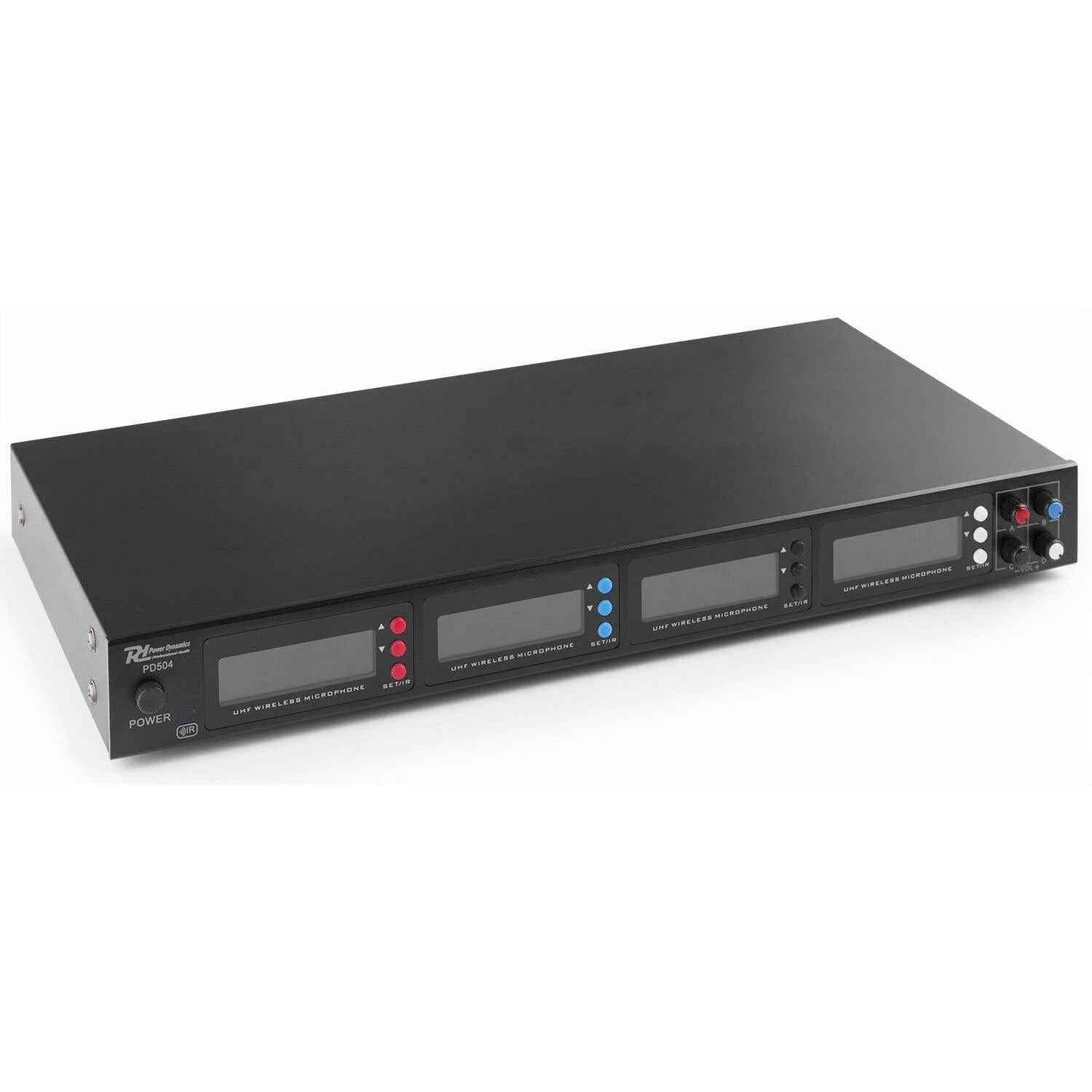 Power Dynamics PD504B UHF Set de Micrófonos inalámbricos. El Pack Incluye: un Receptor, 4 petacas emisoras, 4 bodypacks, 4 micrófonos de Diadema Color Beige y 4 micrófonos de Solapa