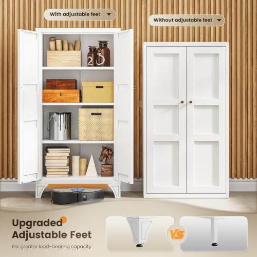 Image of Yizosh Metal Storage Cabinet with Doors and 3 Adjustable Shelves - 47 inch White Kitchen Pantry Storage Cabinet Locker for Kitchen,Living Room,Dining Room