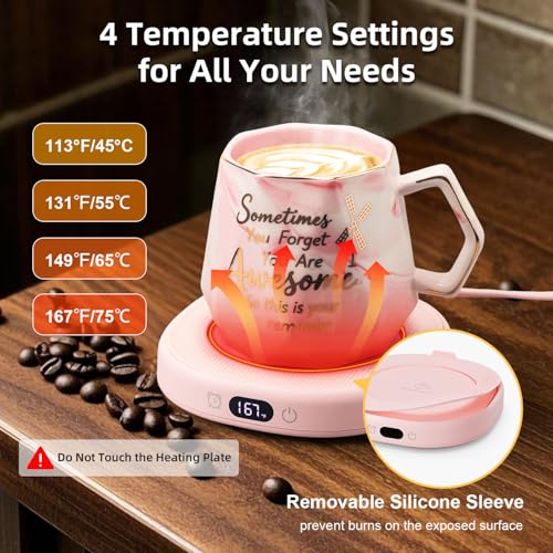 Image of Coffee Mug Warmer Set Smart Electric Heated Cup Beverage Tea Candle Plate | You are Awesome Pink Mug Electric Warmer Set for Office Desk, 4 Temperature Control 8 Hrs Auto Shut Off, Ideal Gift for Women