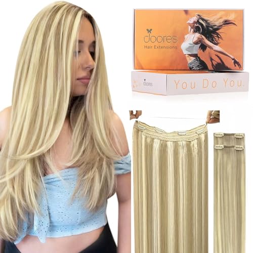 Image of DOORES Wire Hair Extensions, 18 Inch 95g Fish Line Weft Extensions and 2pcs 30g Clip ins Light Blonde Highlighted Golden Blonde, 100g Invisible Seamless Wire Real Human Hairpiece