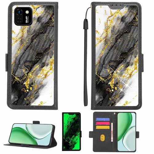 Aroepurt Case Compatible for Sky Devices Elite L55 Phone Case Flip Cover [with Tempered Glass Screen Protector][RFID Blocking][Gold Glitter+Luminous] LPT-HDL