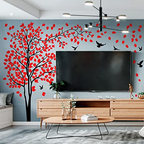 Rw-1643 Giant Black Tree Wall Decals 3D Red Leaves Tree Branches Wall Sticker Diy Removable Family Photo Tree Bird Leaf Wall Art Decor For Kids Girls Baby Bedroom Living Room Nursery Office Decoration #TOP4