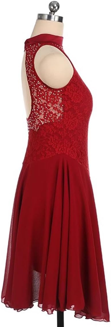 Women's Adult Figure Ice Skating Dress High Collar Sleeveless Lace Leotard Gymnastic Roller Skating Dance Costume