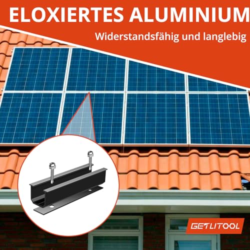 GETLITOOL Solarmodul Halterung, PV Halterung Montageset zur Montage 4 Module-12cm Alu Schiene, Verstellbare Klemme für 30-35MM Module, Solarpanel Halterung Flachdach Trapezblech Ziegeldach| Schwarz