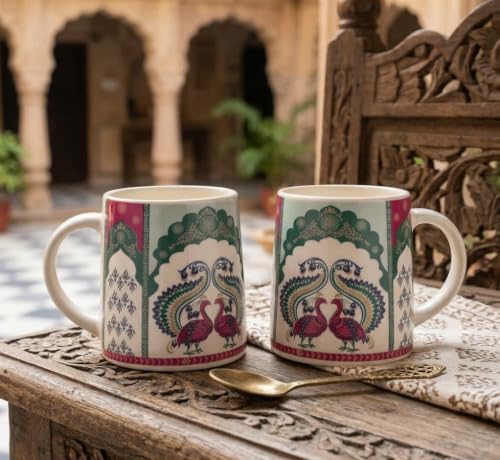 Image of Alive Peacock Art Printed Ceramic Tea /Coffee Mug Set of 2 (300 ml) | Microwave & Dishwasher Safe |Premium Ceramic Mugs for Home, Office & Gifting
