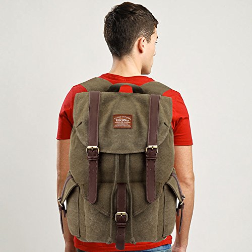 Vintage Canvas Backpack Kaukko Outdoor Travel Hiking Rucksack School Bookbags Army Green - Thumbnail 7