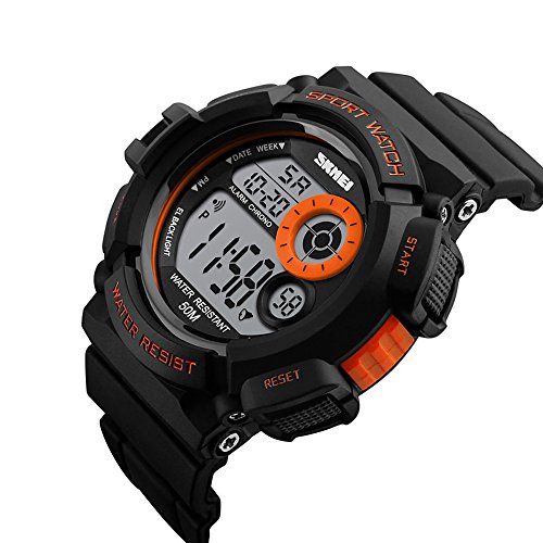 Skmei Boys Sport Style Digital Watch Waterproof 7 Colors Changeable Led Backlight Wristwatch Men Pu Band (Orange) #TOP1