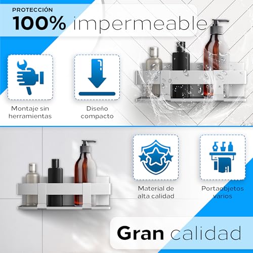 Estantería Baño SIN Tornillos + Dos Ganchos de Alta Resistencia - Organizador Ducha Adhesivo – Estante Pared Ducha SIN Taladro - sin Agujeros – Organizar y Decorar. Acero Inoxidable. Shower Caddy - imagen 5