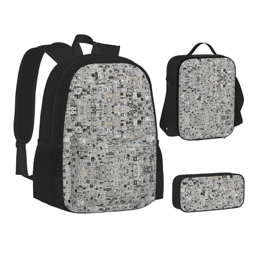 Newspaper Hd Print 3 Piece Set Backpack, Lunch Bag, Pencil Case, Cute Sturdy For College And Travel2
