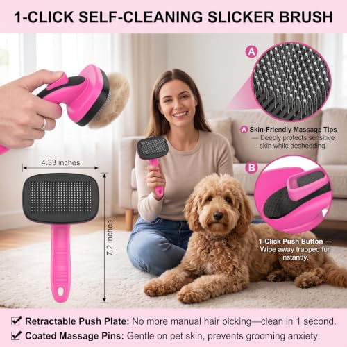 Image of 5 PCS Dog Grooming Brush Kit, Shedding for Long Haired Cats & Dogs | Self Cleaning Slicker Hair Brush, Skin Friendly Deshedding Grooming Tool for Small Large Cats Puppy Brush Set