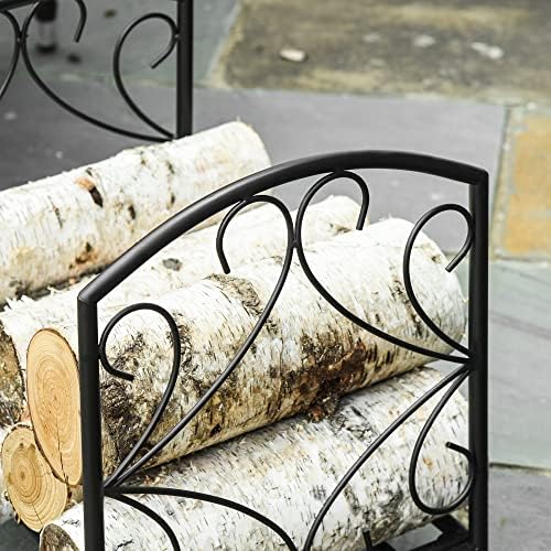 Outsunny Metal Firewood Log Holder Indoor Outdoor Firewood Rack Fireplace Wood Storage Shelf w/Elegant Scrolls, Rust-Resistant, Black, 39.5L x 31.5W x 39.5H cm