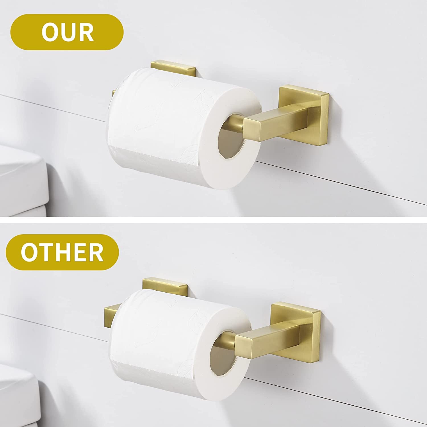 FEILERN Wall Mounted Pivoting Toilet Paper Holder – Square Double-Post Design, Gold, Stainless Steel, For Bathroom & Commercial Use