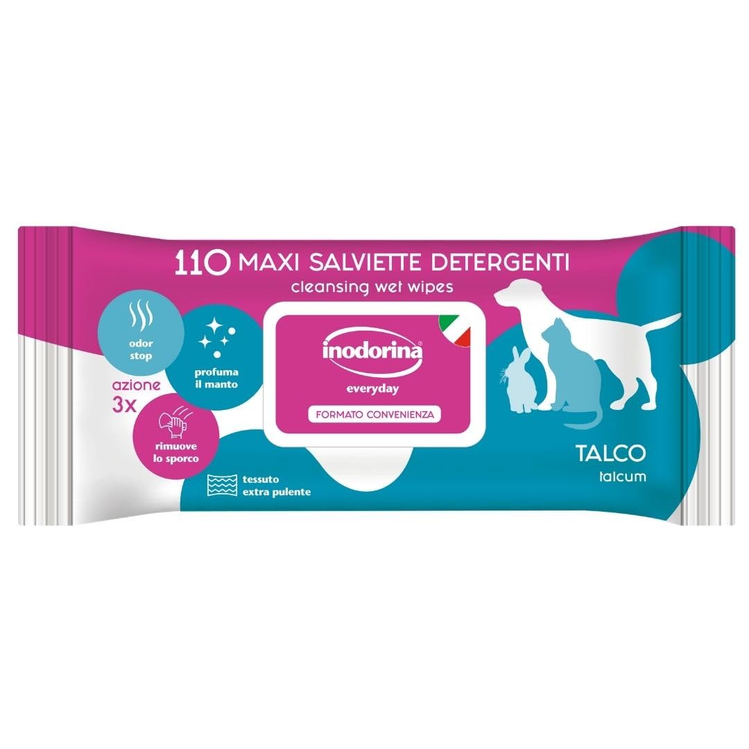 Inodorina Salviette per Cani e Gatti Everyday (110 Pezzi, Talco) – Salviettine per Animali in Tessuto Resistente con Odor Stop – Azione emolliente e Protettiva – Rispettano Il PH Naturale