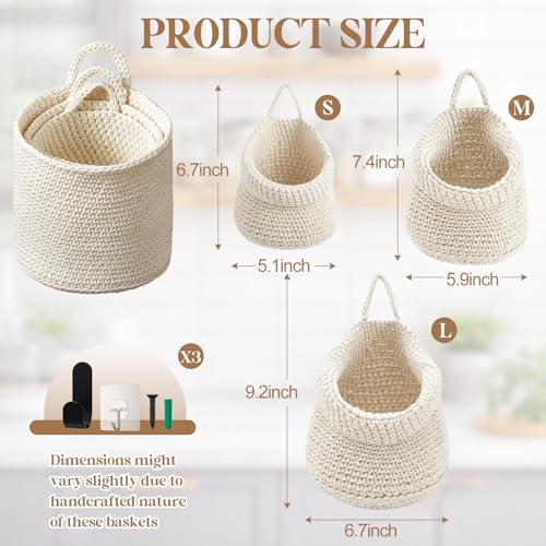 Image of Honeydak 3 Hanging Baskets, White, Barrel, Cotton Rope