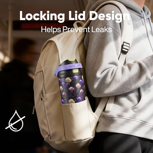 Image of ENCOOL Leakproof Insulated Water Bottle with Straw Dual-Sip Water Bottle Bag-Safe Design for Work, Commute & Gym - Keeps Drinks Cold All Day, 24 oz, Neon Jellyfish