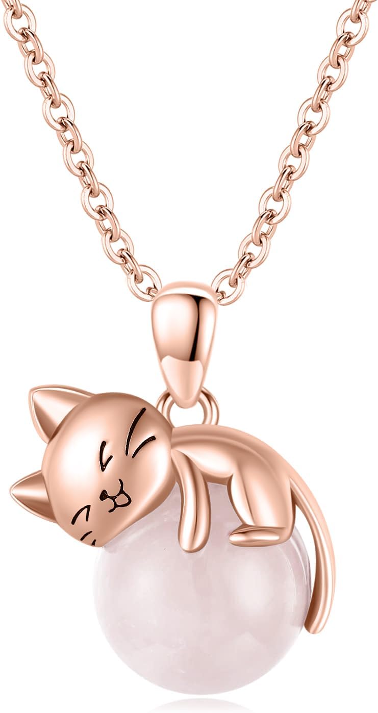 Cat Necklace Sterling Silver Cat Pendnat with Rose Quartz Pearl Jewelry Gifts for Women Cat Lovers
