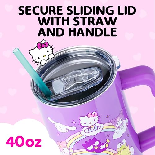 Image of Silver Buffalo Sanrio Hello Kitty and Friends Featuring My Melody, Cinnamoroll, Kuromi, Chococat, Badtz-Maru, Keroppi, and Pompompurin Double Walled Stainless Steel Tumbler with Handle, 40 Ounces