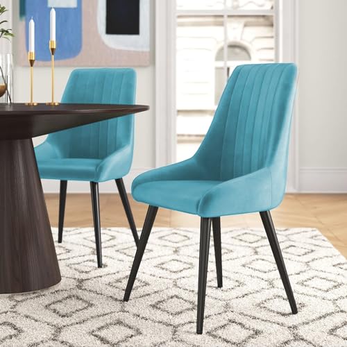 Image of Finch Fox Morris Velvet Dining Chair for Living Room, Bedroom, Home Office with Black Metal Legs in Light Blue Color (Set of 6)