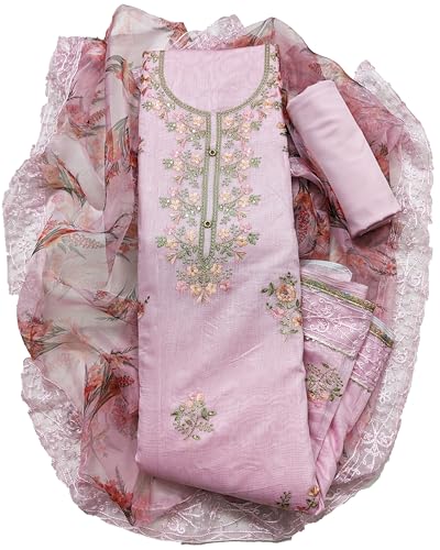 Image of Rubani Women's Heavy Chanderi Cotton Embroidery Work Unstitched Salwar Suit Dress Material With Organza Printed Dupatta(Free Size)
