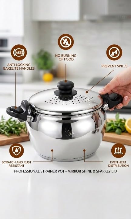 Image of Klassi Kichen Stainless Steel Strainer Pot with Glass Lid, 3.5 Litre Built-in Strainer Lid, Induction & Gas Stove Compatible, Mirror Finish Food Grade Cooking Pot for Pasta, Oval
