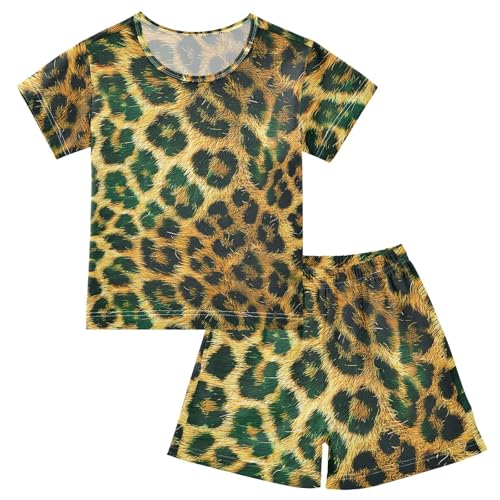 ALAZA Leopard Print Yellow Green Pajamas Short Sleeve 2 Piece Sleepwear Top and Bottom Pajama Set Unisex