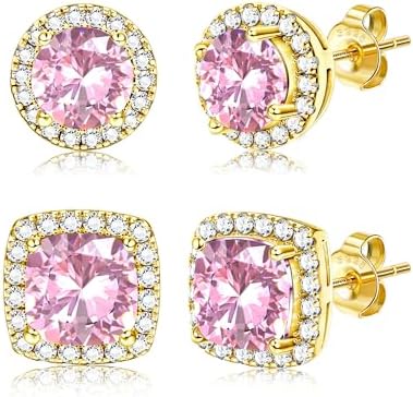 Dochais 2 Pairs Earrings 925 Sterling Silver Men Women Diamond Earrings Round Square Cubic Zirconia Glitter Set Hypoallergenic 14K Gold Plated Simulated Halo Silver/Gold, Brass + 925 Silver Needle