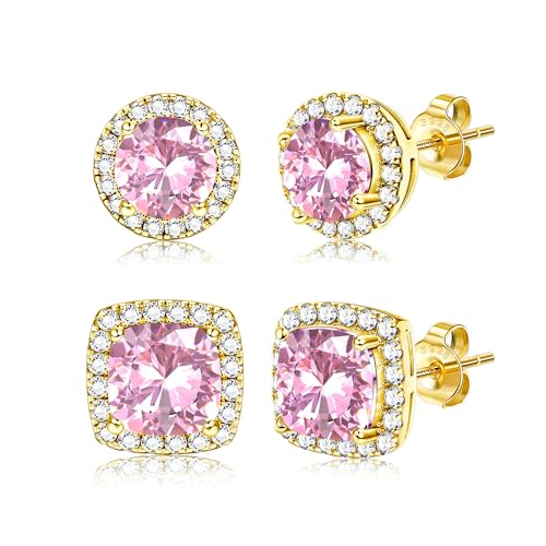 Dochais 2 Pairs Cubic Zirconia Stud Earrings for Women Men Hypoallergenic 925 Sterling Silver Post Earrings 14K Gold Plated Round & Square Brilliant Simulated Diamond Earring Studs Gold Pk