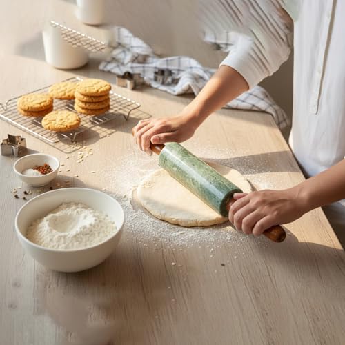 Image of Marble Belan Rolling Pin with Wooden Handles, Kitchen Baking Cooking Tool, Durable Design, Non-Porous Surface Ideal for Chapati, Roti, Pizza and Dough Roller(Green, 14 Inch)