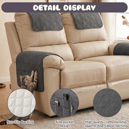 4 fundas para reposabrazos de sofá impermeables y acolchadas con bolsillo para sillón reclinable 5