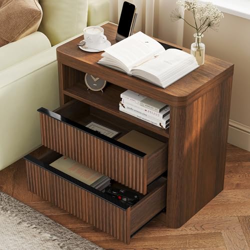 Image of Night Stand,Fluted Nightstands with Drawer Storage Bedside Table Large Modern Nightstand with USB Port and Outlet, Mid Century Nightstand for Bedroom,Sofa Table(Walnut)