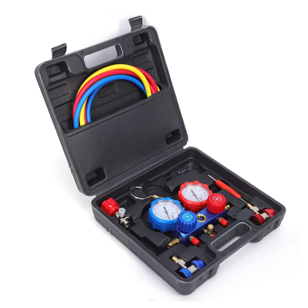 Krümmer Manometer Set Kfz, Klimaanlage Monteurhilfe Gauge Set - Auto Klimaanlagen Manifold Gauge mit Schlauchset für R410A/R134A/R536A/R530G/R636G