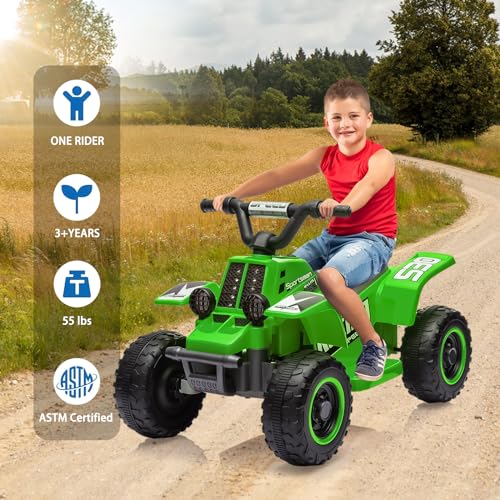 Hetoy 6V Kids Ride On Car, 4-Wheeler Quad ATV Play Car for Kids, 1.76MPH Max Speed, Ride On Toy for Boys & Girls Gift, Rubber Handles, Push-Button Accelerator, Green