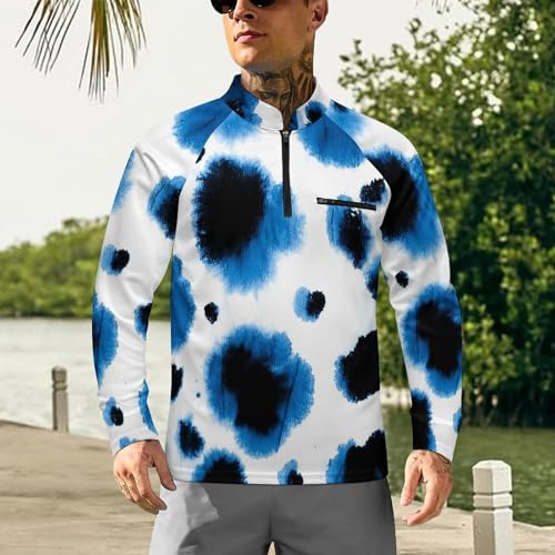 Watercolor Leopard Blue Tie Dye Men's Rash Guard Long Sleeves Quick Dry Fishing Workout Shirts with Zipper2