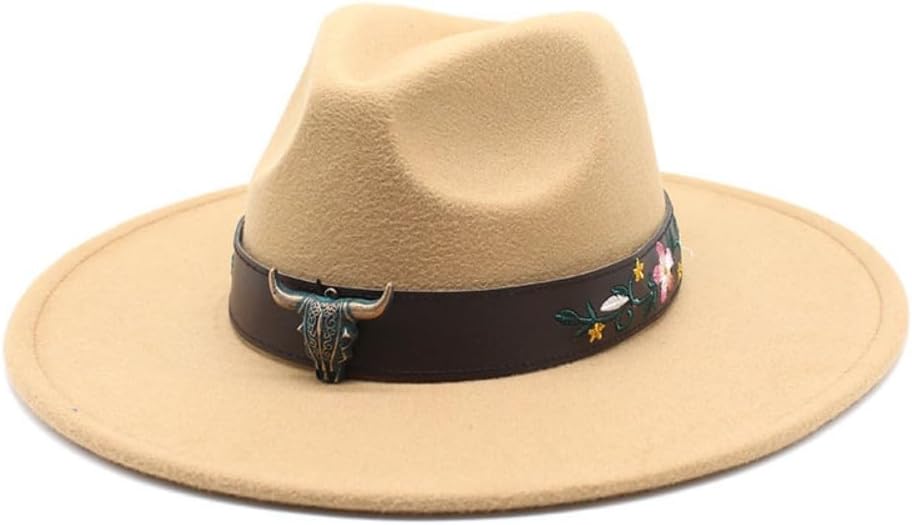 Wide Brim Wool Felt Fedora Hat, White, Western Style with Floral Embroidered Band, Bull Accent
