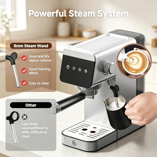 Image of AMZCHEF 20 Bar Compact Home Espresso Coffee Machine, Matte Silver | LED Touch Screen, Auto Milk Frother, Stainless Steel Body, Makes Latte & Cappuccino, Ideal for Coffee Beginners