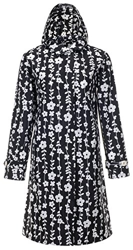 QZUnique Women's Floral Printed Lightweight Long Raincoat Waterproof Packable Ponchos Zipper Jackets with Hood Black