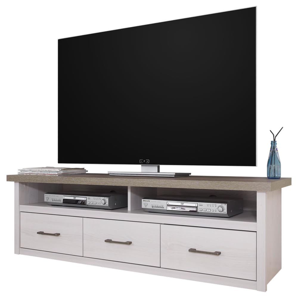 Lomadox Wohnwand Wohnzimmer im Landhausstil in Pinie weiß Nb./Trüffel Eiche Nb., B/H/T: ca. 298/201/43 cm
