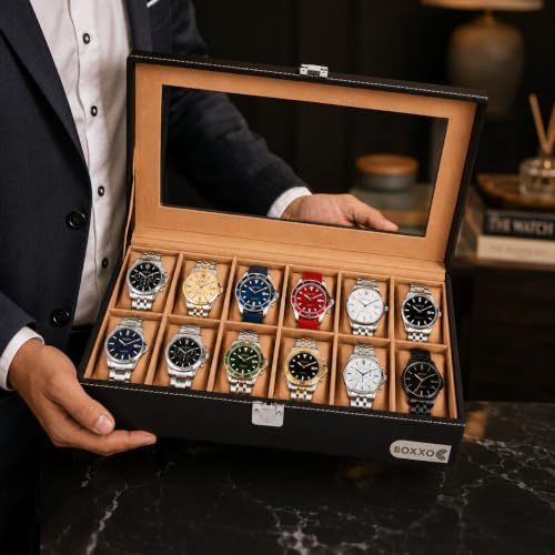 Image of BOXXO 12 Slot Watch Organizer Box for Men & Women - Premium PU Leather Watch Case, Soft Velvet Cushions & Glass Lid Display, Elegant Storage Box - 34x20x8 cm (Black /Beige, 12 Slots)
