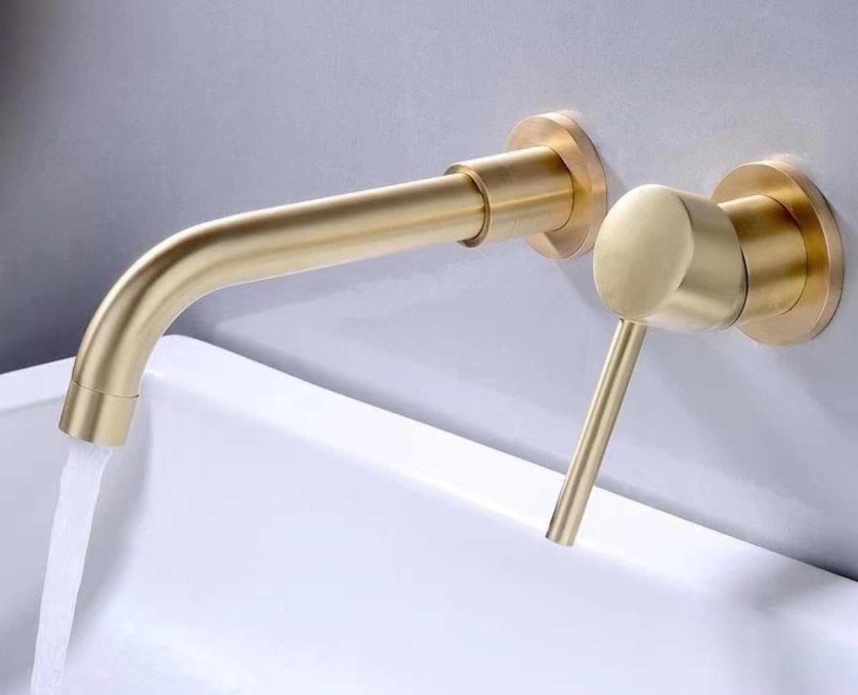 壁掛け洗面用蛇口、全銅製、シングルハンドル、リフト式、温水・冷水切替 (ゴールデン)