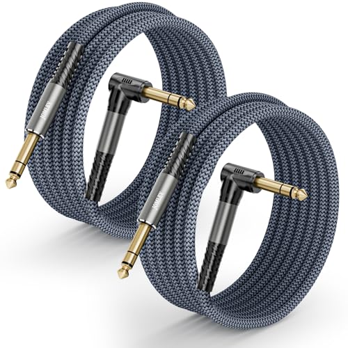Image of 1 /4 Inch TRS Instrument Cable, Right Angle to Straight, 6.6FT 2-Pack | Nylon Braided 6.35mm TRS Male to Male Balanced Audio Cable for Electric Guitar, Bass, Keyboard, Mixer, Amplifier, Speaker